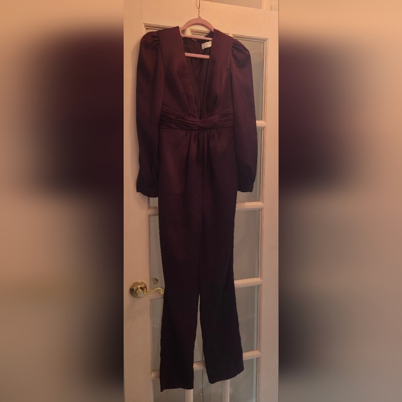 Mac Duggal Elegant Deep Purple/ Plum Plunge Neckline Satin Long Sleeve Jumpsuit - Picture 9 of 16